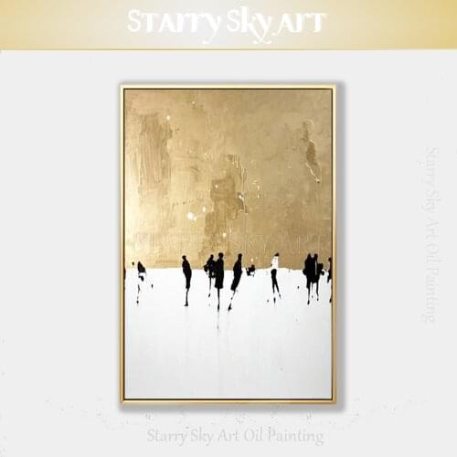 Pure Hand-painted High Quality Abstract Street People Walking Oil Painting Fashion Wall Art Gold Black and White Oil Painting
