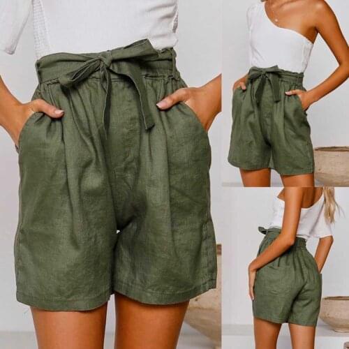 Elastic Waist Solid High waisted Loose shorts Pockets Bermuda Home Casual Holiday Cotton and linen shorts Womens Drop Shipping