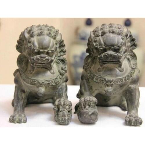 Collect 1 Pair (2 item) Chinese Home FengShui Old Bronze Lion Foo Fu Dog Statue/Big Sculpture High:20CM /item