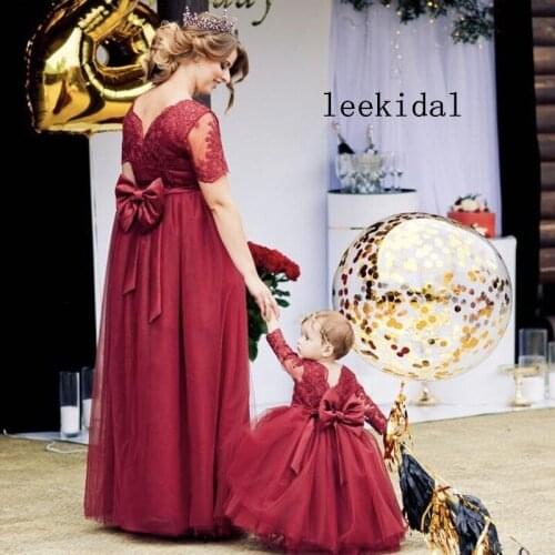 Wine Red Long Sleeve Lace Mother Daughter Dresses Bow Back Burgundy Mom Kid Matching Dresses Photography Mom Kid Wine Red Dress
