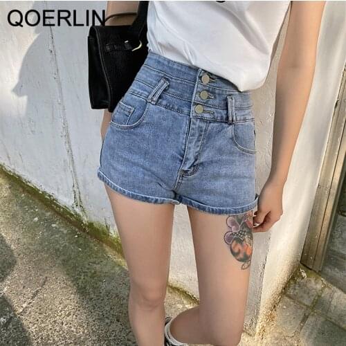 QOERLIN 2XL Vintage Denim Shorts Summer High Waist Slim Hot Shorts Single Breasted Button Pocket Stretch Sexy Blue Jeans Women