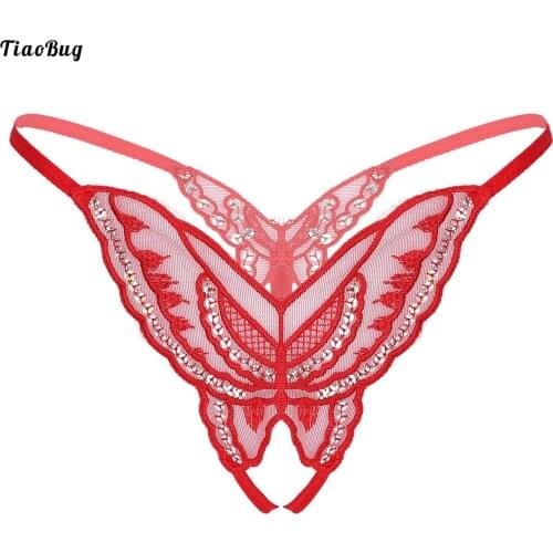 Women Butterfly/Flower Embroidery Artificial Pearl Massage Thongs Lingerie Underwear Low Waist Crotchless T-Back
