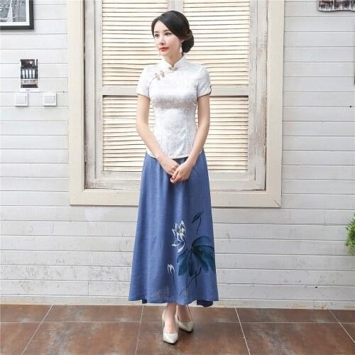Shanghai Story New Sale Short Sleeve cheongsam top traditional Chinese Top Blend Linen Womens blouse top + Linen Skirt