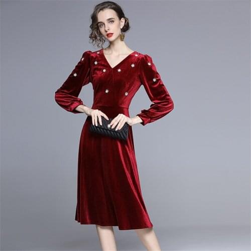 Women Red Black Dress Autumn Winter Vintage Velvet Dress French Style HIgh Quality Fashion Party Dresses Pearl Bead Vestidos