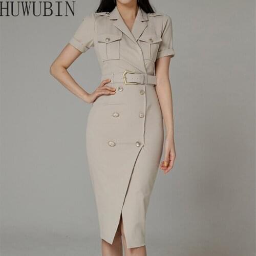 2021 Summer New Korean ol Temperament Slim Double Breasted Suit Collar Middle Waist Middle Length Buttocks Dress Give Belt