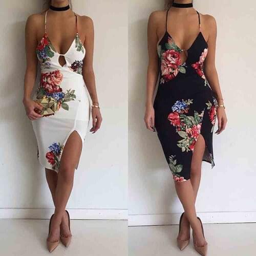 Strappy Deep V-Neck Sexy Floral Printed Split Dress Sleeveless Female Stretch Bodycon Pencil Slim Party Club Spaghtti Dresses