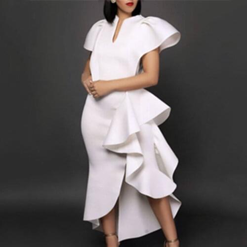 Stylish Occasion Womens White Party Dresses Irregular Ruffles Slit Patchwork Sexy Vestido Date Out Night Celebrate Event Robes