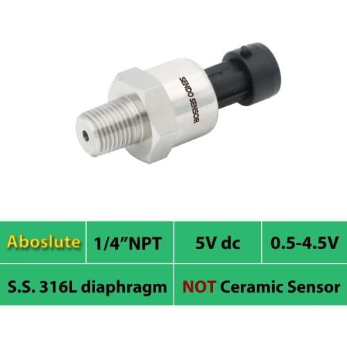 0.5 4.5V signal, 30, 50, 75 psia, abs pressure transducer, 4, 6, 10bar absolute, 5V dc, 1.6mpa, 2.5mpa, AISI 316L diaphragm IP65
