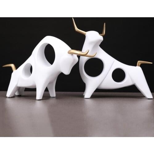 1 Pair 3D Bull Statue Home Decor Figurine Animal Abstract Sculpture Modern Room Table Decoration Art Decorative Resin Statues