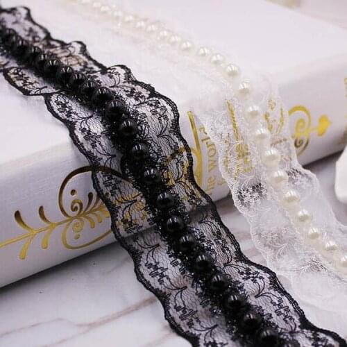 50yards White/Black Pearl Beaded Lace Trim Fabric Ribbon DIY Collar Clothing Wedding Dress Materials Sewing Accessories