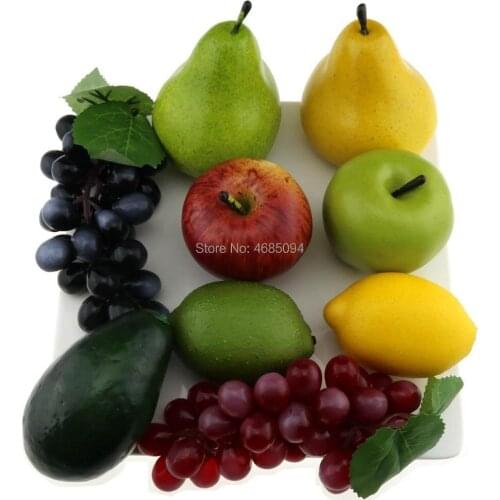 Gresorth 9 PCS Fake Mixed Fruits Artificial Apple Lemon Pear Grape Avocado Lifelike Decoration