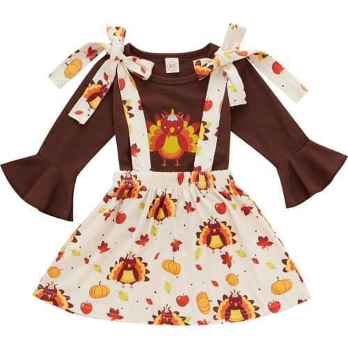 2021 0-3Y Toddler Kids Baby Girl Clothes Set Turkey Print Long Sleeve T-shirt+Straps A-line Skirt Cute Costume 2pcs Outfits