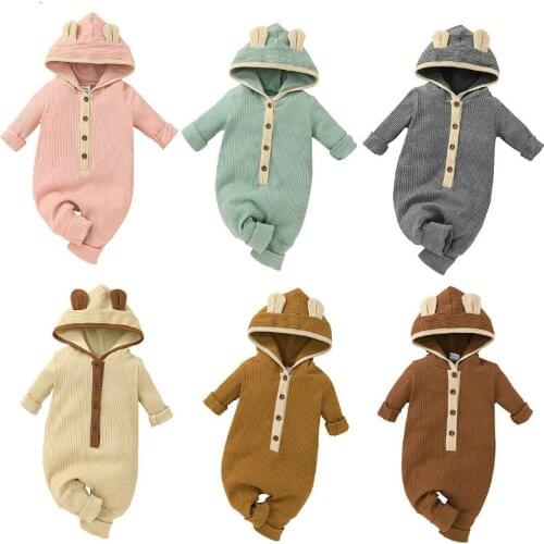 Baby Long Sleeve Romper Jumpsuit 2021 Autumn Winter Boys Gorls Solid Color Rib knitted Hooded Romper Toddler Clothes 0-12M