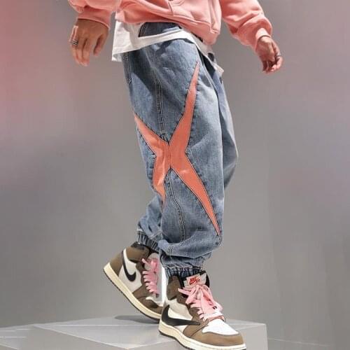 Mens Patchwork Jeans Mens Harlan Jeans Ankle Banded Pants Mens Cargo Pants Elastic Waist Capri Pants Men Hip Hop Jeans Pants