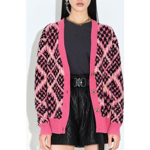 Women Rose Plaid Print Loose Knitted Cardigan Sweater Vintage Long Sleeve Button-up Female Outerwear Chic Tops Knit Jersey