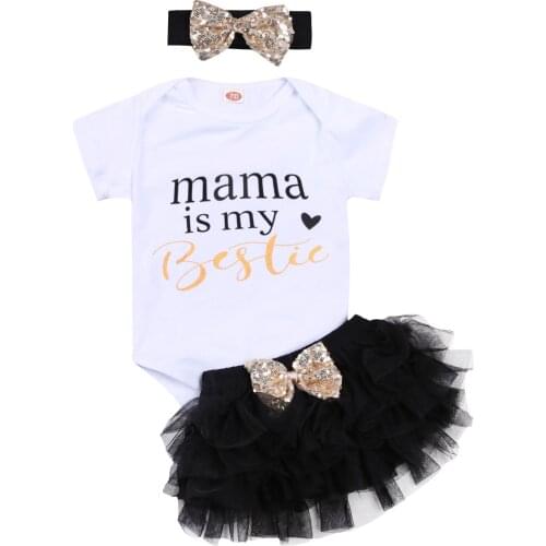 3 PCS Baby Girl Outfits Short-Sleeved Round Neck Letter Printed Romper + Net Gauze Fluffy Skirt + Sequin Bow Headband