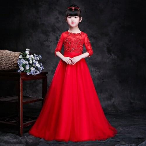 Red A-Line Flower Girl Dresses for Wedding Lace Appliques Evening Gowns Princess Birthday Dress
