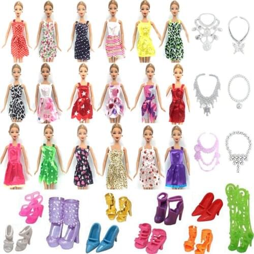 NK Hot Sell 26 Item/Set=10 Pcs Mix Sorts Beautiful Clothes Fashion Dress+6 Plastic Necklac+10 Pair Shoes For Barbie Doll