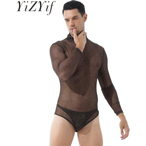 Mens Fashion Leopard Print Turtleneck Bodysuit Long Sleeve See-through Mesh Rompers Leotard Transparent Sexy Streetwear Clubwear