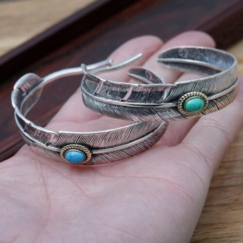 Wholesale S925 Sterling Silver Jewelry Vintage Thai Silver Simple Feather Mosaic Turquoise Mens Open Ended Bangle