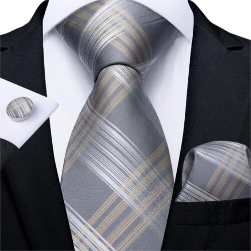 Men Tie Gold Silver Striped Wedding Tie For Men Hanky Cufflink Silk Men Tie Set DiBanGu Designer Party Business Fashion MJ-7254