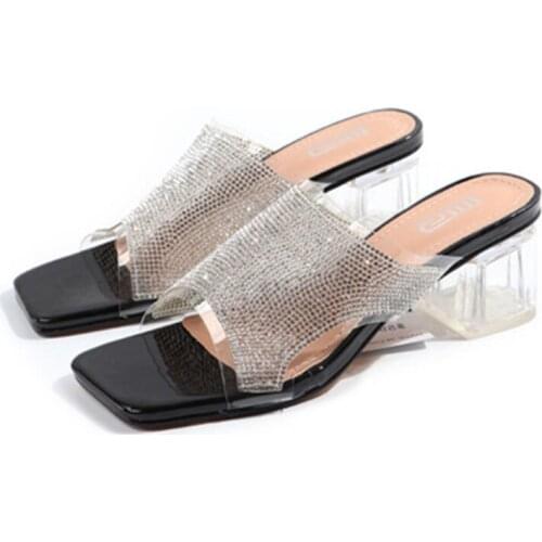 2021 new type of womens shoes with transparent belt for party slippers worn outside with diamond thick heel