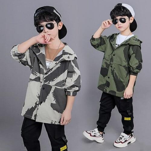 Childrens Mid-Long Windswear Overcoat Boys Casual Camouflage Trench Coat Spring Fall Kids Hooded Jacket Outerwear Clothes P120