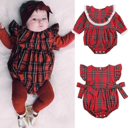 Baby Girl Christmas Romper Long Sleeve Red Plaid Jumpsuit Ruffle Lace Bodysuit Outfit Fall Clothes 0-24months
