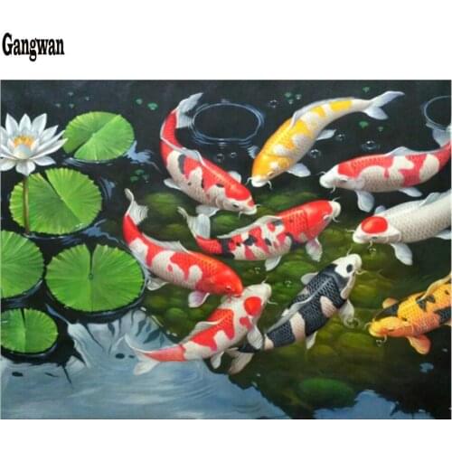 Handicrafts Diamond Embroidery Carp Pond DIY Diamond Painting Fish koi and Lotu Flower view Cross Stitch Rhinestone Mosaic Decor