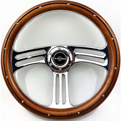 Mahogany Wood Steering Wheel 350MM 14" Grip 6-Hole Chrome 3-Spoke Vintage Wood Steering Wheel