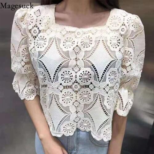 Korean Puff Short Sleeve Shirts Summer Lace Crochet Sweet Hollow Women Tops Fashion Square Collar Casual Blouse for Women 14873