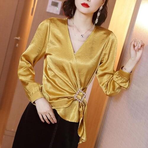 Womens Spring Summer Style Blouse Shirt Womens Solid Color Lace Up V-Neck Long Sleeve Bow Patchwork Elegant Vintage Top DD8455