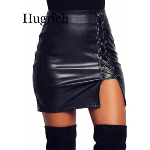 2020 Black Lace Up PU Leather Skirts Autumn Summer Women Side Split Pencil Skirts Vintage Bodycon Mini Skirt