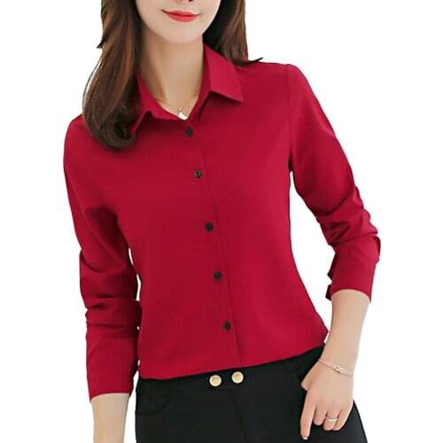 Womens Blouse Solid Wine Red Shirts Office Lady Spring Summer Long Sleeve Chiffon Blouse Female Elegant Tops рубашка женская