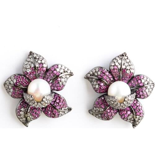 Womens Cz Pave Pearl Earrings White Pearl Gunmetal Golden Plated Cz Flower Earrings