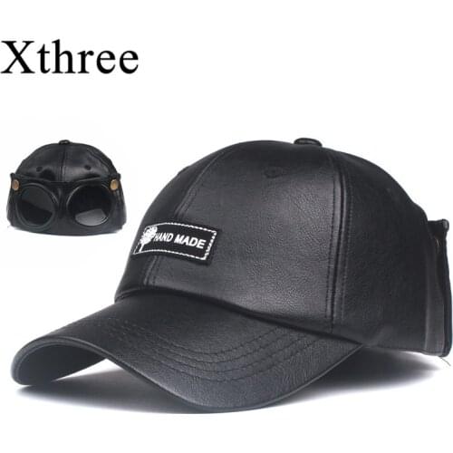 Xthree New fall winter Hat for women faux leather hat Cap Pilot hat glass casual moto snapback hat mens baseball cap wholesale