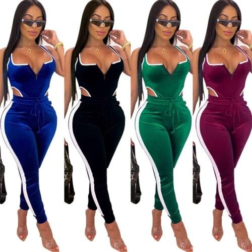 Echoine Summer Woman Flannel Sleeveless Sling Hollow Wrap Chest Zipper Bodysuit Top Bodycon Trousers Tracksuit Two Piece Outfits