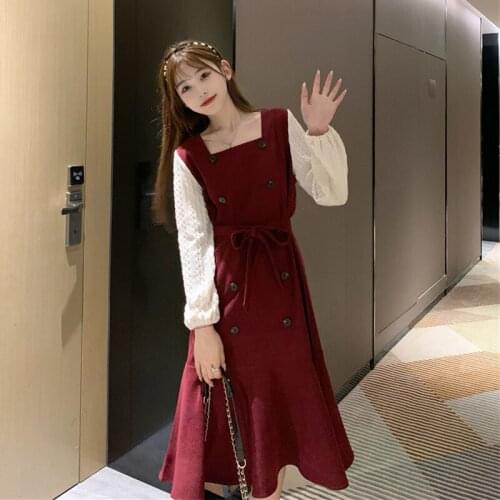 Temperament Red Dress for Women 2021spring New French Style Retro Square Collar Waist Slimming Midi Dress kawaii dress