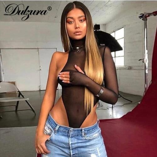 Dulzura 2020 women summer bodysuit mesh sheer sexy one shoulder see through night club party streetwear festival body one piece