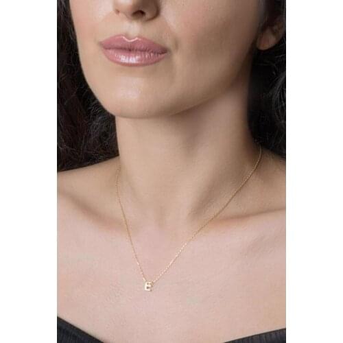Womens Three-Dimensional E Letter Gold 925 Sterling Silver Necklace