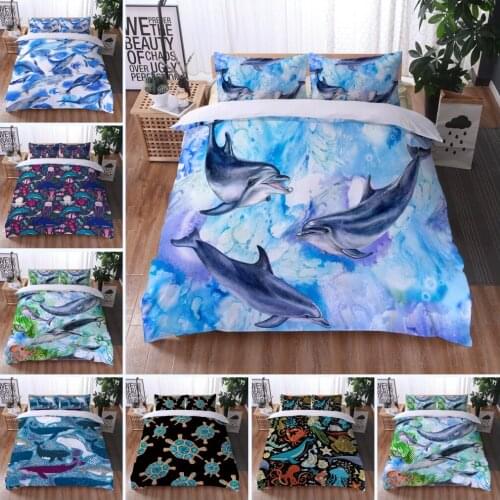 Cute Dolphin Duvet Cover Set Ocean Animals Printed Bedding Set 3PCS Soft Microfiber Quilt Cover for Girls Kids Comforter Cover