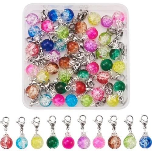 50pcs Baking Painted Crackle Glass Pendants Round Beads Charms with Lobster Claw Clasps for DIY Earring Bracelet Jewelry Making