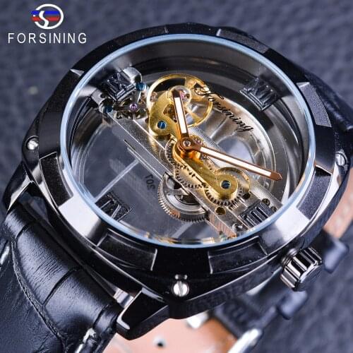 Forsining Official Exclusive Sale Double Side Transparent Steampunk Design Automatic Watch for Men Sport Watch Genuine Leather