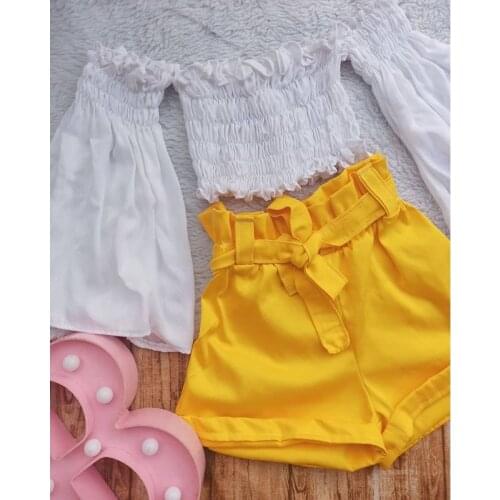 FOCUSNORM 1-6Y Summer Toddler Girls Clothes Sets Long Flare Sleeve Off Shoulder T Shirts Tops Solid Belt Shorts