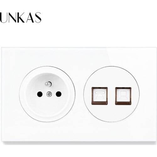 UNKAS French Wall Socket + RJ45 Internet Computer Connector And RJ11 Telephone 146MM*86MM Glass And Black Aluminum Panel Outlet