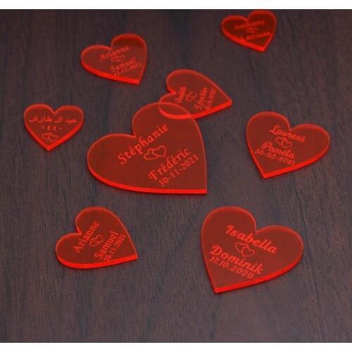 50xPersonalized Engraving Acrylic Red Transparent Love Hearts Baby Baptism Label Wedding Party Table Confetti Center Decorations