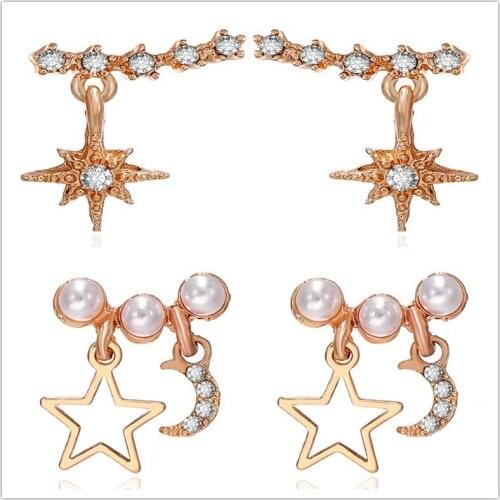 Trendy Stainless Steel Cute Mini Moon Star Flower Ear Bone Stud Cuff Earrings New Zircon Double Sided Ball Ear Jewelry