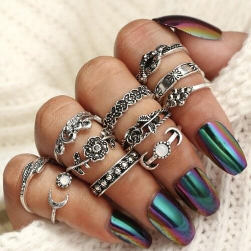 11pcs/set Antique Color Various Patterns Roses Leaf Moon Twisted Girl`s Musician Stracking Knuckles Ring Pack