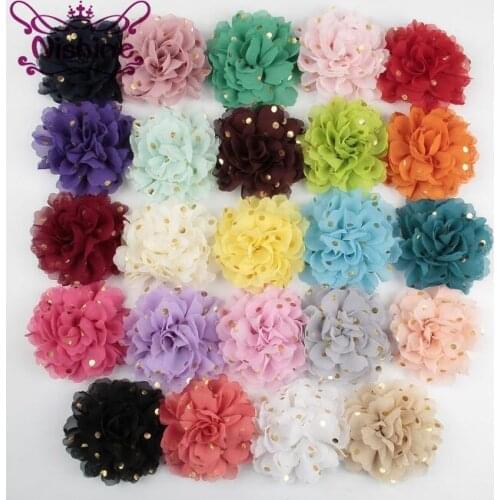Nishine 30pcs/lot 4" Chiffon Dot Fabric Flower Artificial Hair Flower For Kids Girl Headwear Hair Clips Diy Accessory