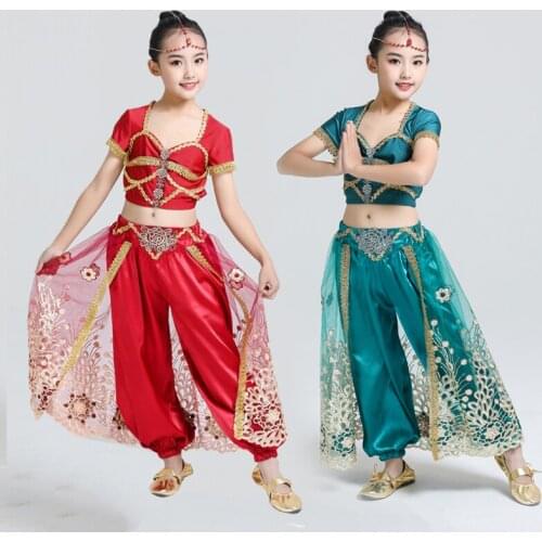 New Girls Indian Bollywood Clothing Children Sari Bollywood Belly Dance Costume Set Kids 3pcs Top Pants Headdress